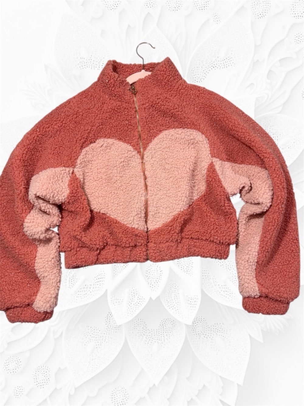 Storia Rust and Pink Heart Sherpa Zip Jacket for Kids